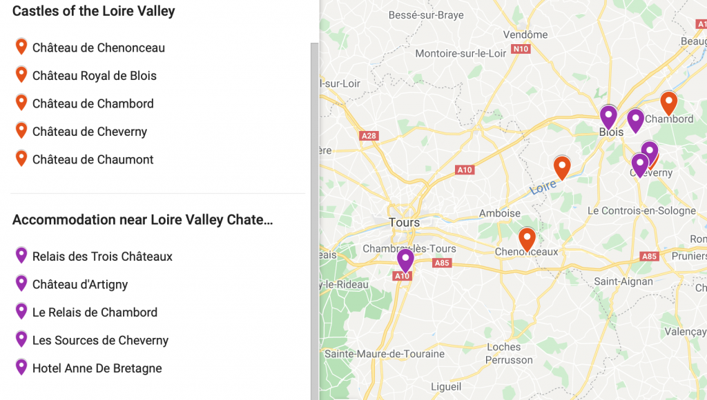 Map of Loire Valley Castles and where to stay in the Loire Valley