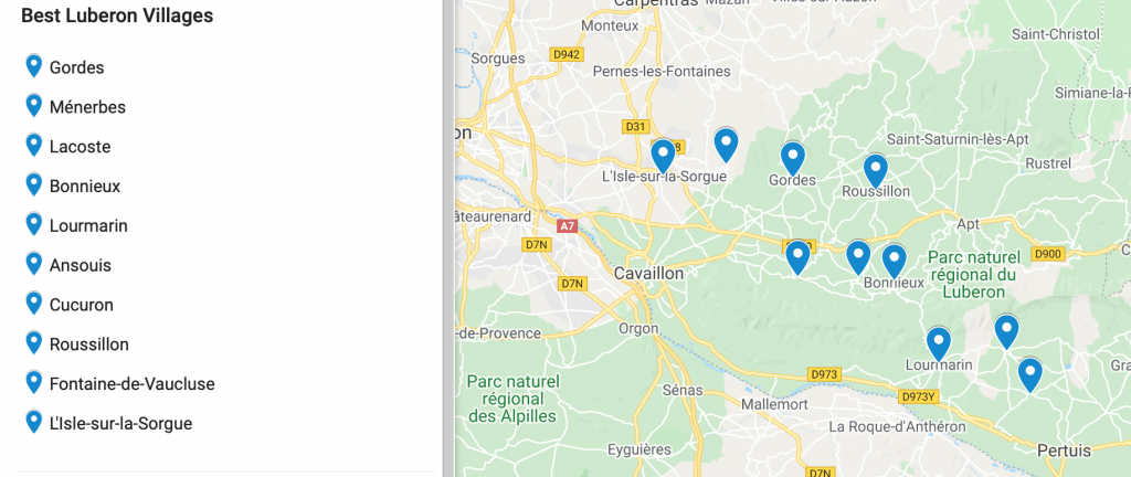 Map of suggested Luberon Villages to visit in Provence